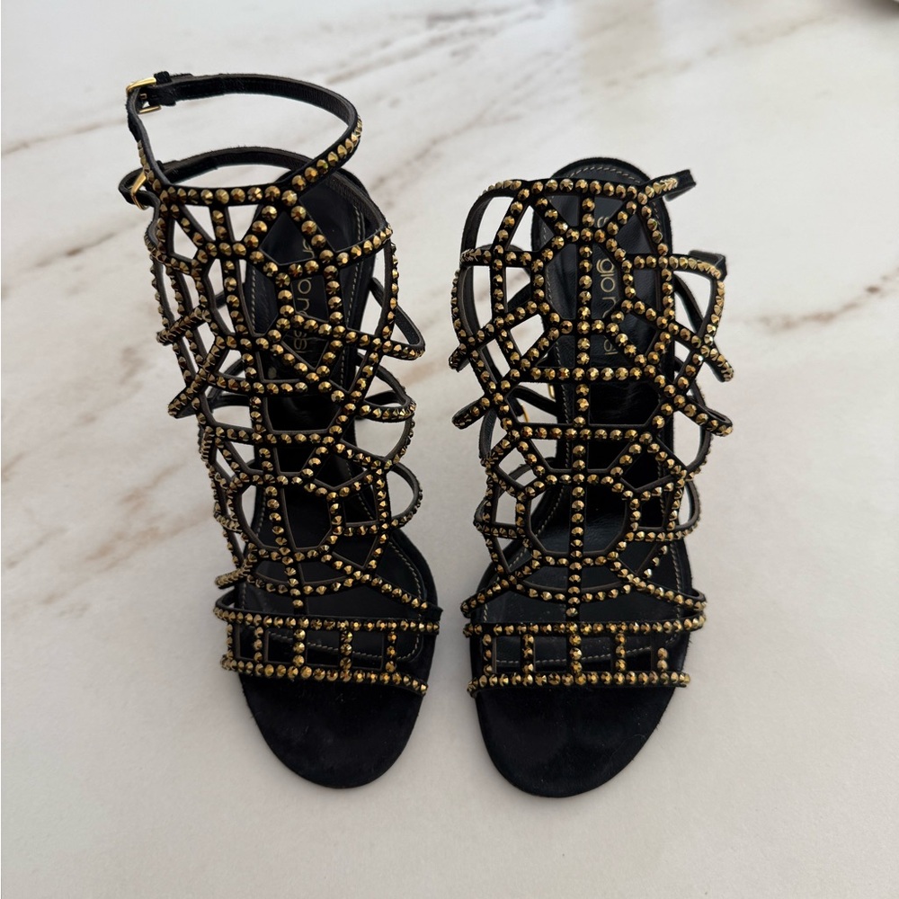 Sergio Rossi Black and Gold Beaded Sandals